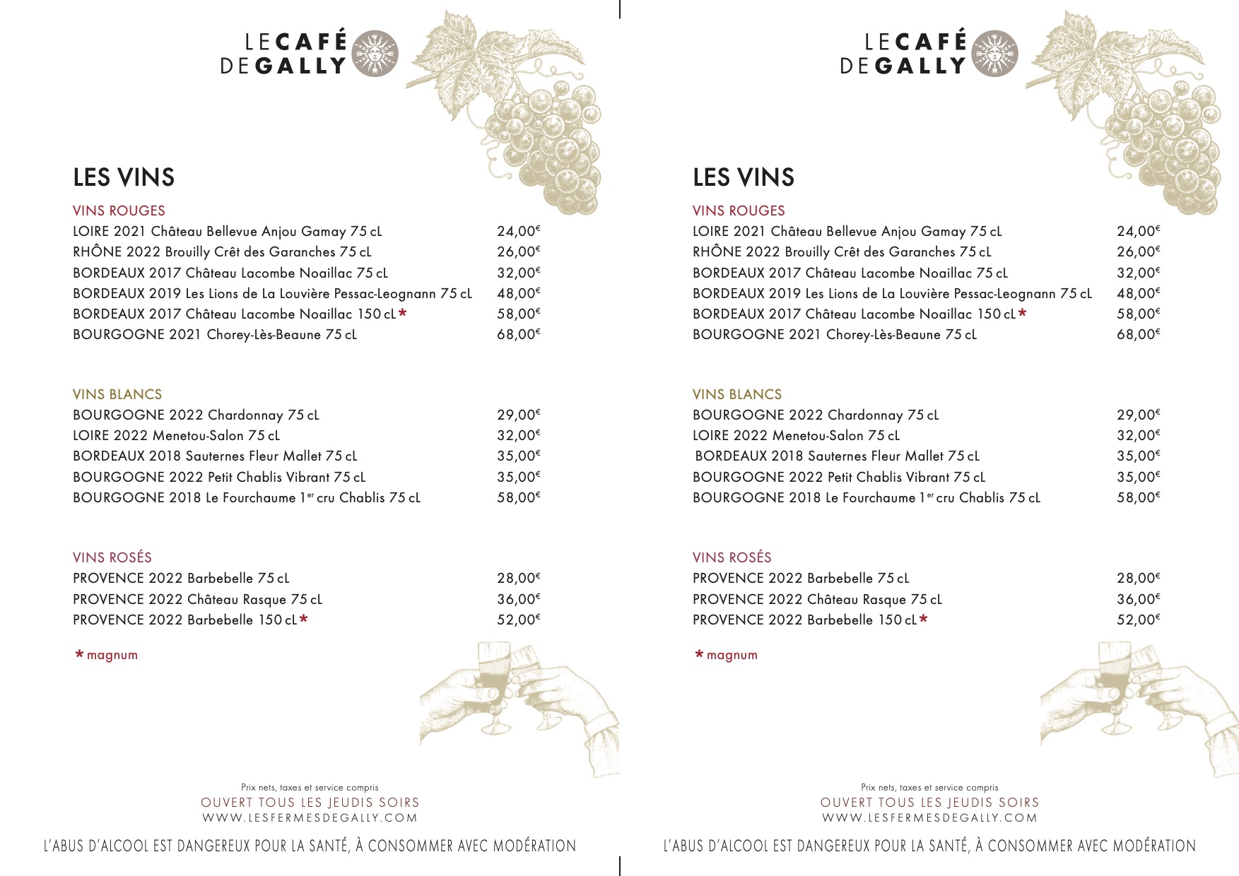 Carte des vins café gally feucherolles